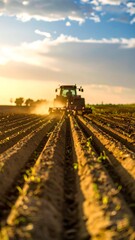 Tractor plowing a field at sunset