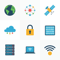 Technology and Networking Icons Set with Globe Cloud Lock and Satellite internet connection