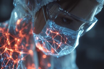 A vision of healthcare innovation: synthetic vaccine coding revealed. Smart grid. Genetic coding under shimmering blue lights in a high-tech biolab. Ai dataflow. Data connectivity.