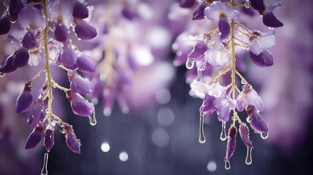 A close-up of delicate wisteria flowers, adorned with water droplets, showcasing nature's artistry with soft focus, the scene captures tranquility.