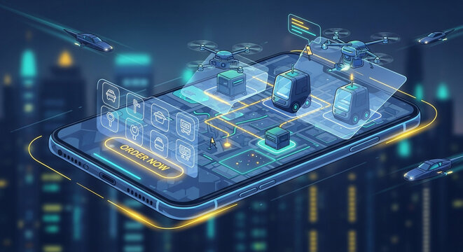 Futuristic cityscape with a smartphone displaying a drone delivery network, showcasing the integration of technology and logistics in a modern urban environment