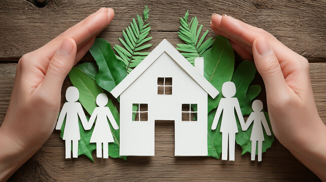 Eco friendly family home protected by caring hands symbolizing sustainable living environmental responsibility and the balance between household wellbeing and nature
