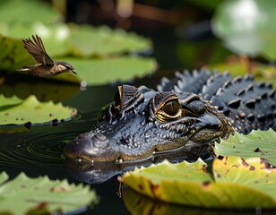 Gator's stare at a diving bird in a serene lily-filled pond setting