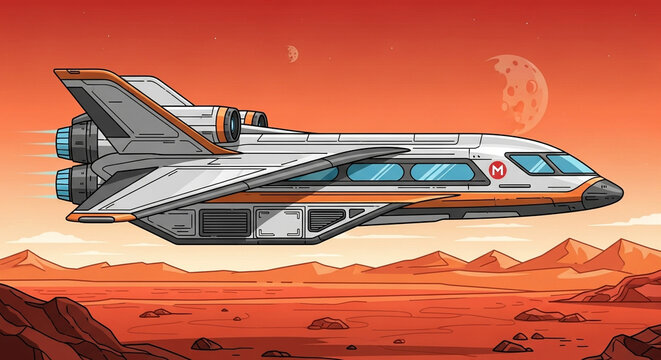 Illustration of a futuristic spaceship flying over a marslike landscape, depicting space exploration, science fiction, and the potential for interplanetary travel
