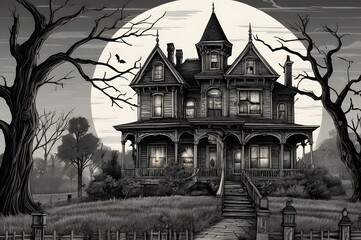 Eerie Victorian house under a ghostly moon, perfect for Halloween designs, gothic themes, or spooky storytelling with bats and gnarled trees
