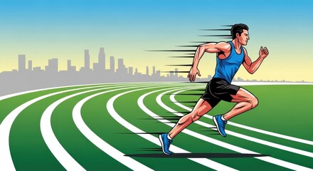 Obraz premium An athletic figure sprints on a green track with curved lanes, city skyline in the background and motion blur effect