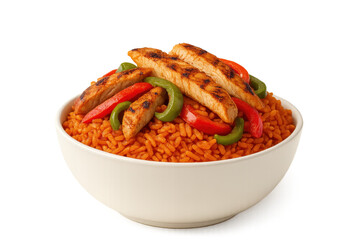 Steaming jollof rice bowl with grilled chicken and peppers on pure white background