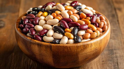 Collection of assorted beans in a wooden bowl, symbolizing natural nutrition, variety, wholesome food, and earthy simplicity in culinary or healthy lifestyle visuals