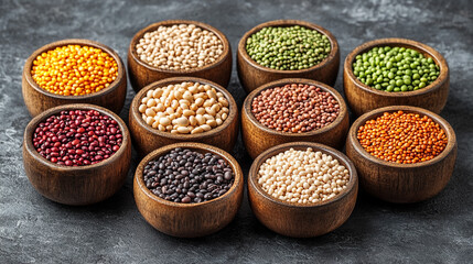 Collection of assorted beans in a wooden bowl, symbolizing natural nutrition, variety, wholesome food, and earthy simplicity in culinary or healthy lifestyle visuals