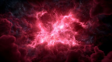 The image showcases a vibrant, fiery nebula in shades of pink and crimson, surrounded by darker, cloud-like formations and scattered with distant stars.
