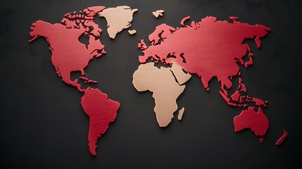 The image displays a unique world map with red and brown wooden continents set against a matte black background, creating a striking contrast.