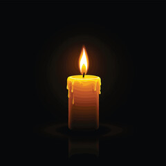 Single candle burning in darkness with warm glowing flame, symbol of hope, faith, and inner light on black background , vector style simple color