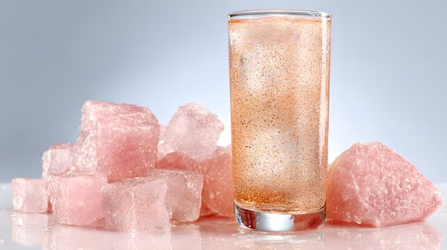 Refreshing beverage presented in a tall glass, alongside a collection of rough-cut, textured pink-colored ice formations, creating a contrasting visual composition of chilled refreshment.