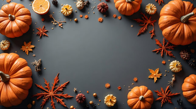 A festive flat lay of pumpkins, orange slices, and autumn leaves forms a border around a central copy space on a dark gray background. This image is ideal for fall menus, Thanksgiving invitations.