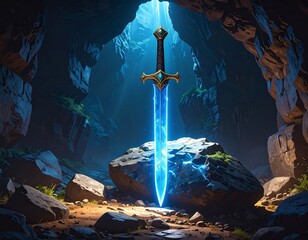 Glowing magical sword in a dark stone cave