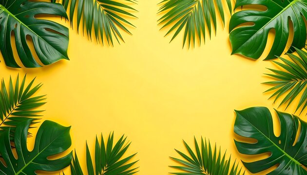 Green tropical leaves border on a yellow background