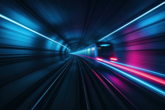 Long exposure metro racing through neon tunnel futuristic high speed transit view
