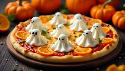 Obraz premium A Halloween-themed pizza with ghosts made of mozzarella cheese on top of a tomato sauce base, surrounded by orange slices and pumpkins, created with generative ai