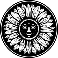 Obraz premium Vector illustration of Lord Ganesha head with sun crown, tribal skull art, and native warrior shield design logo