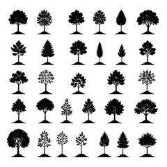 Collection of Various Silhouette Tree Illustrations in Black and White