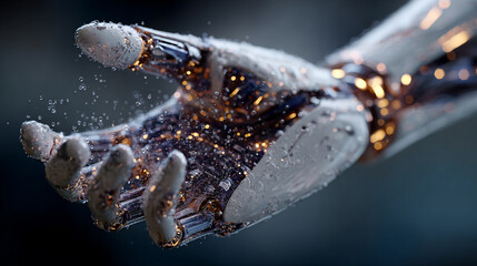 Digital 3D human hand gesture of an AI arm holding an object, symbolizing technology, artificial intelligence, innovation, digital interaction, and futuristic human-machine collaboration