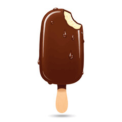 A sweet chocolate ice cream bar on a stick, isolated on a white background, is a delicious cold dessert or frozen snack for summer