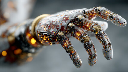 Digital 3D human hand gesture of an AI arm holding an object, symbolizing technology, artificial intelligence, innovation, digital interaction, and futuristic human-machine collaboration