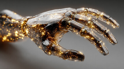 Digital 3D human hand gesture of an AI arm holding an object, symbolizing technology, artificial intelligence, innovation, digital interaction, and futuristic human-machine collaboration