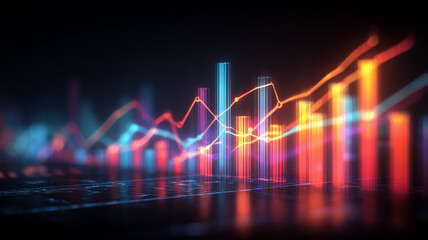 A dynamic financial dashboard with glowing bars and lines conveying market analysis volatility and real time performance insights for trading decision making and business intelligence.
