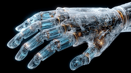Digital 3D human hand gesture of an AI arm holding an object, symbolizing technology, artificial intelligence, innovation, digital interaction, and futuristic human-machine collaboration
