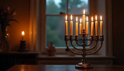 Hanukkah menorah with glowing candles on windowsill, A menorah with candles lit in a window, festive Jewish holiday symbol perfect for seasonal celebration and tradition, created with generative ai