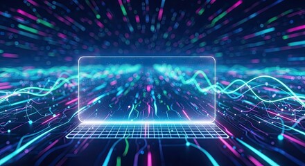 Obraz premium A glowing screen and colorful light trails in a futuristic, digital environment.