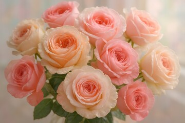 Vibrant wedding roses bouquet close up with dewy petals and soft pastel bokeh