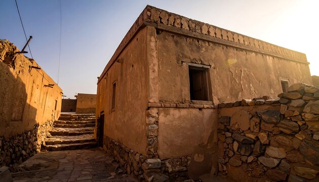 Ancient Middle Eastern village with stone and mud brick buildings