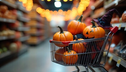 A shopping cart filled with Halloween decorations and pumpkins against a blurred background with festive lights, created with generative ai