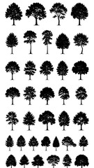 Collection of Various Silhouette Trees on a White Background