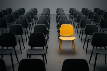 Single yellow chair among rows of grey seats signaling standout leadership and innovation