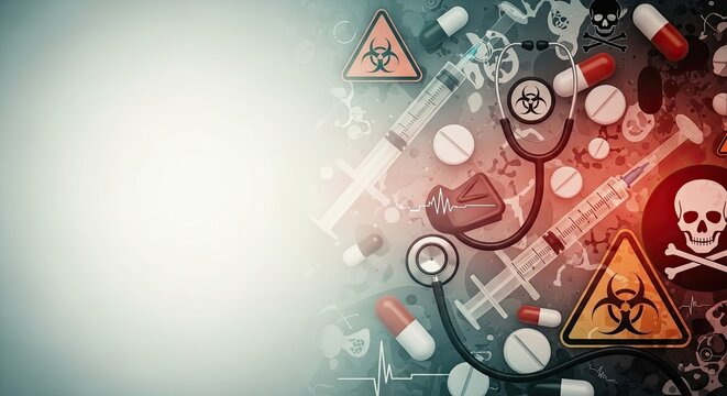 Medical icons and symbols on a colorful background.