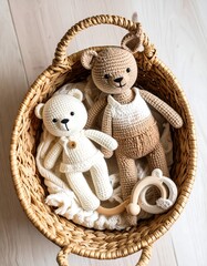 Two crocheted teddy bears in a wicker basket