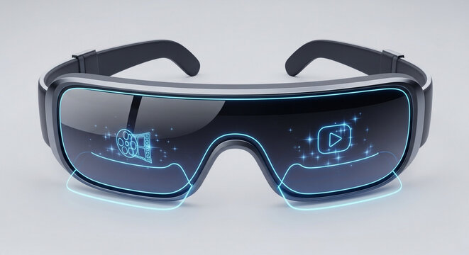 Modern virtual reality glasses with digital interface isolated on white background, showcasing immersive technology and futuristic design for gaming and entertainment
