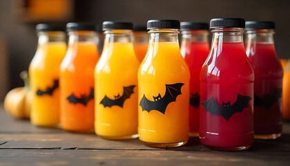 Bottles of various colorful fruit juices on display with Halloween bats and scary boo on it printed, including orange, yellow, and red juices, created with generative ai