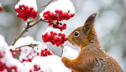 Curious squirrel inspects snow-covered red berries