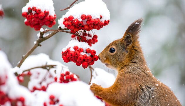 Curious squirrel inspects snow-covered red berries - Powered by Adobe