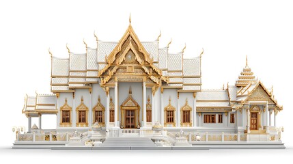 Ornate white and gold building showcases intricate architectural details of a religious structure; the detailed facade features elaborate carvings and a symmetrical design with a bright, clean...