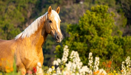 Golden Palomino Horse in a Wildflower Meadow
