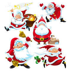 Set of funny cute Santa Claus characters with different poses, emotions, holiday situations isolated on white background.