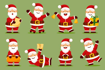 Set of funny cute Santa Claus characters with different poses, emotions, holiday situations isolated on white background.