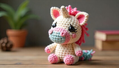 Cute handmade crochet monster unicorn toy, colorful yarn, whimsical design, studio or lifestyle setting, created with generative ai
