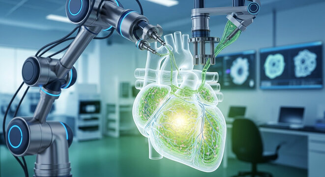 Robotic arm delicately manipulating a translucent heart model in a hightech medical laboratory, with monitors displaying detailed scans and data analysis in the background