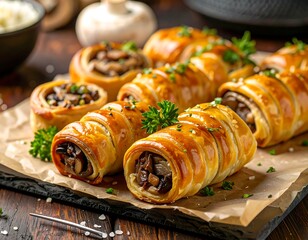 Golden puff pastry rolls with mushroom filling